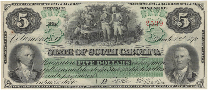 Columbia-South Carolina, State of South Carolina Revenue Bond Scrip $5, 1872