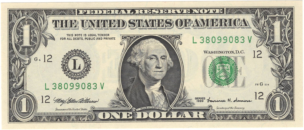 Fancy Serial Number, Radar $1 U.S., 1999, FR. 1925-L