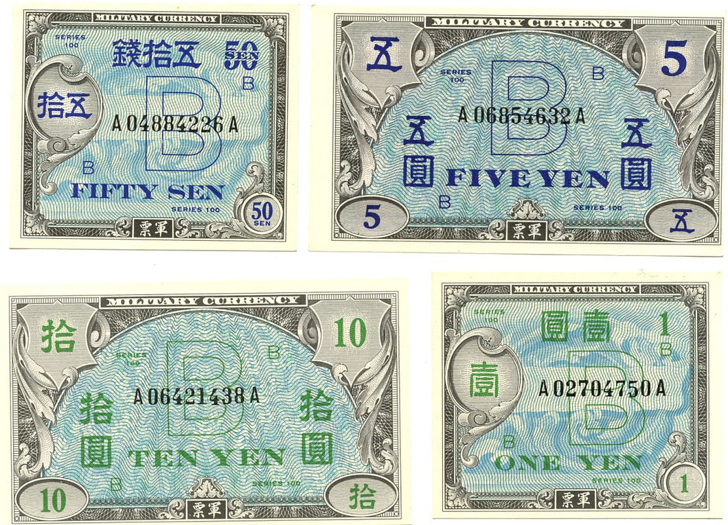 Japan 50 Sen, 1 Yen, 5 Yen, 10 Yen Allied Military Currency, Series 100