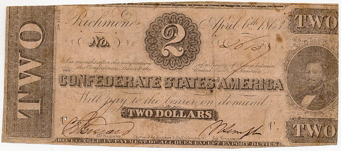 Confederate States of America $2, Richmond, April 6, 1863