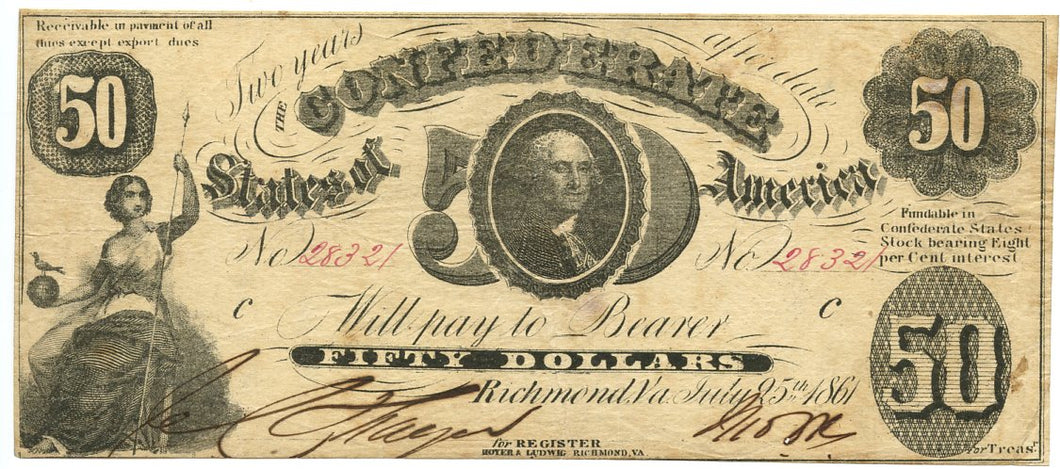 Confederate States of America $50, July 25, 1861
