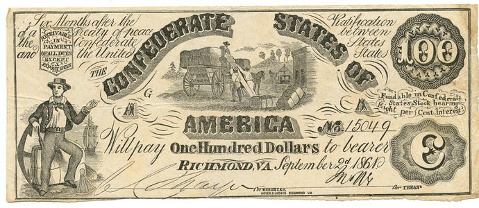 Confederate States of America $100, T-13CT, September 2, 1861