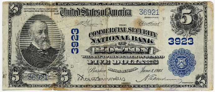 Massachusetts-Boston, The Commercial Security National Bank of Boston $5, 1902 PB