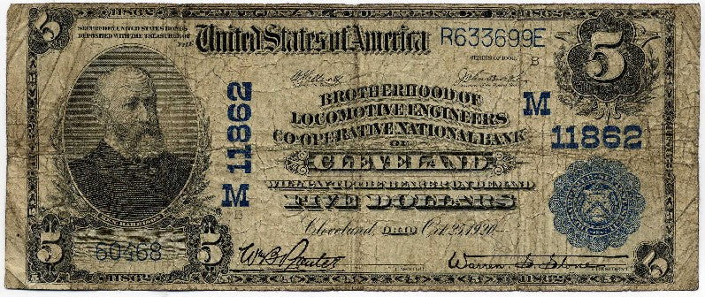 Ohio-Cleveland, Brotherhood of Locomotive Engineers Co-operative National Bank, $5, 1902 PB