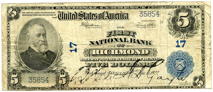 Indiana-Richmond, The First National Bank of Richmond $5, 1902 PB