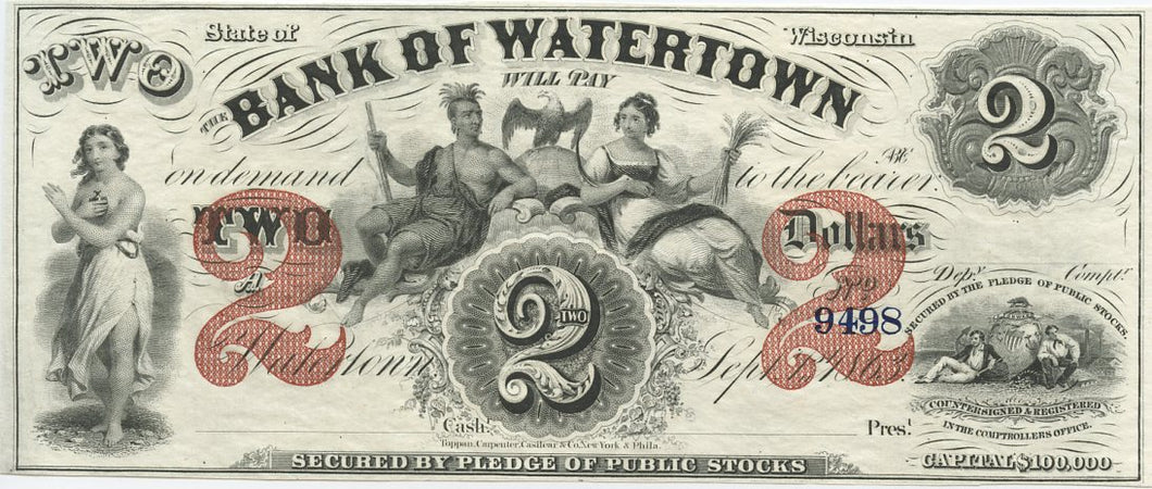 Wisconsin-Watertown, The Bank of Watertown $2, September 1, 1863