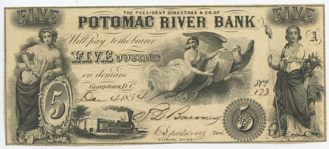 Washington D.C.-Georgetown, Potomac River Bank $5, December 4, 1854