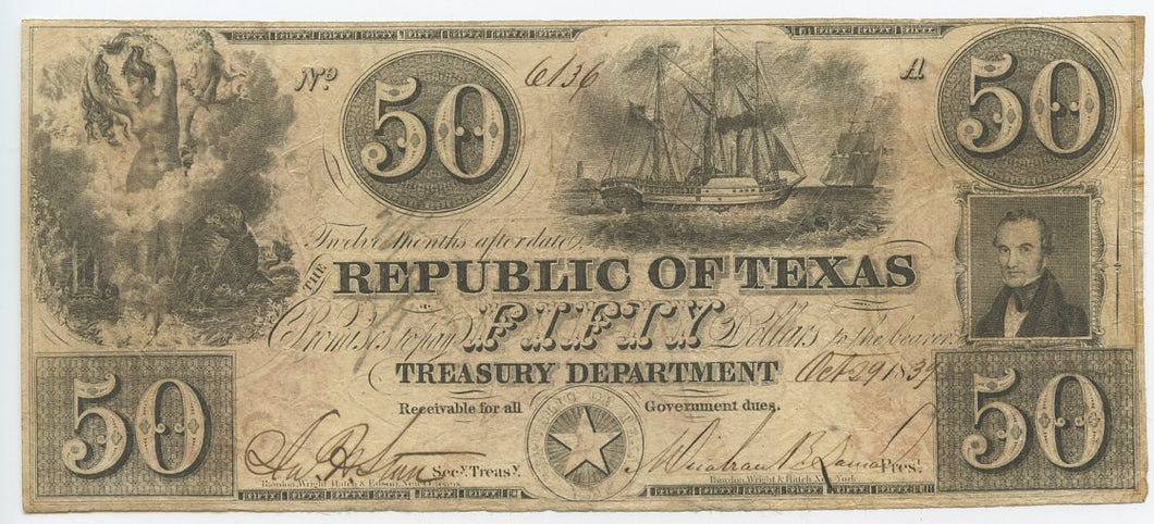 Texas, The Republic of Texas $50, October 29, 1839
