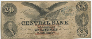 Alabama-Montgomery, The Central Bank of Alabama $20, Dec. 1, 1859