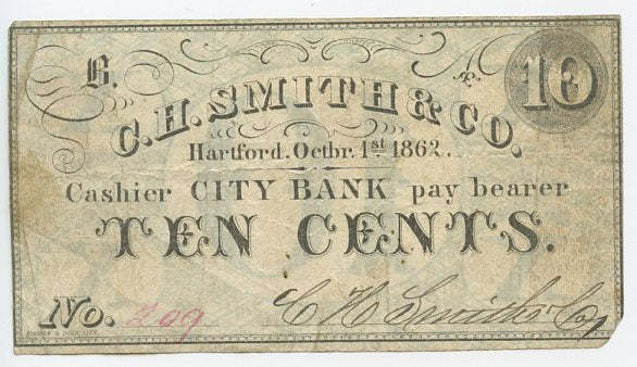 Connecticut-Hartford, C.H. Smith & Co., City Bank, 10 Cents, October 1, 1862