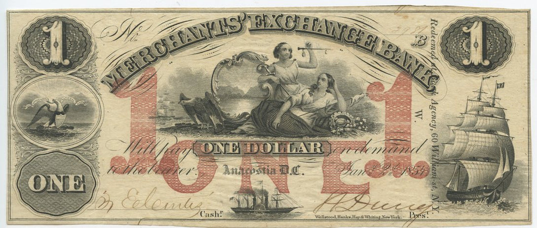 Washington, D.C.-Anacostia, Merchants' Exchange Bank $1, January 2, 1854