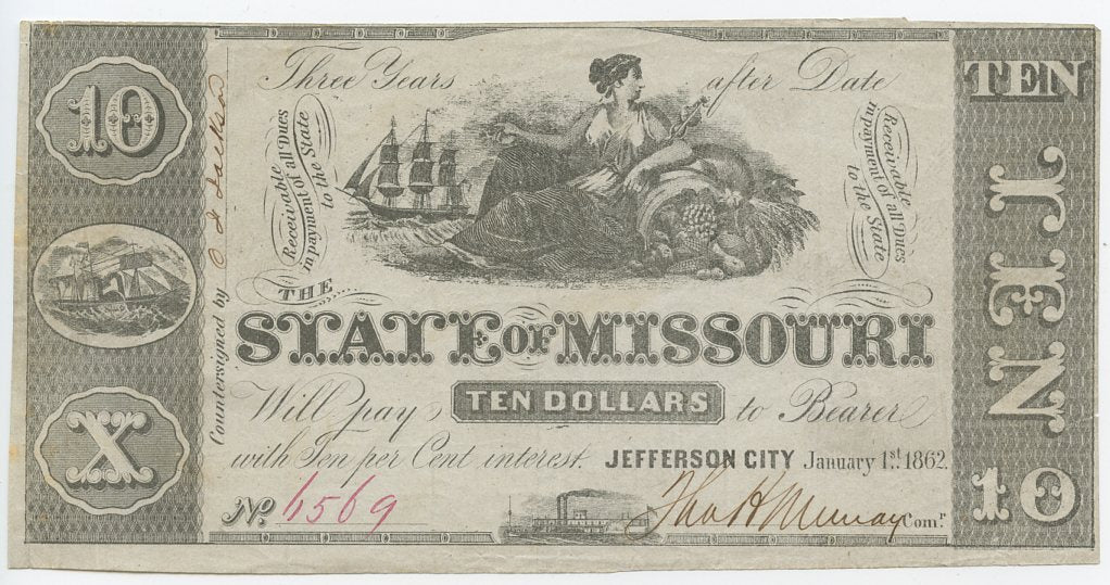 Missouri-Jefferson, The State of Missouri Jefferson City $10, January 1, 1862