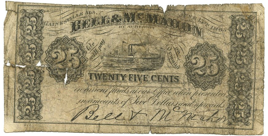 Alabama-Gainsville, Bell & McMahon 25 Cents,  June 15, 1865