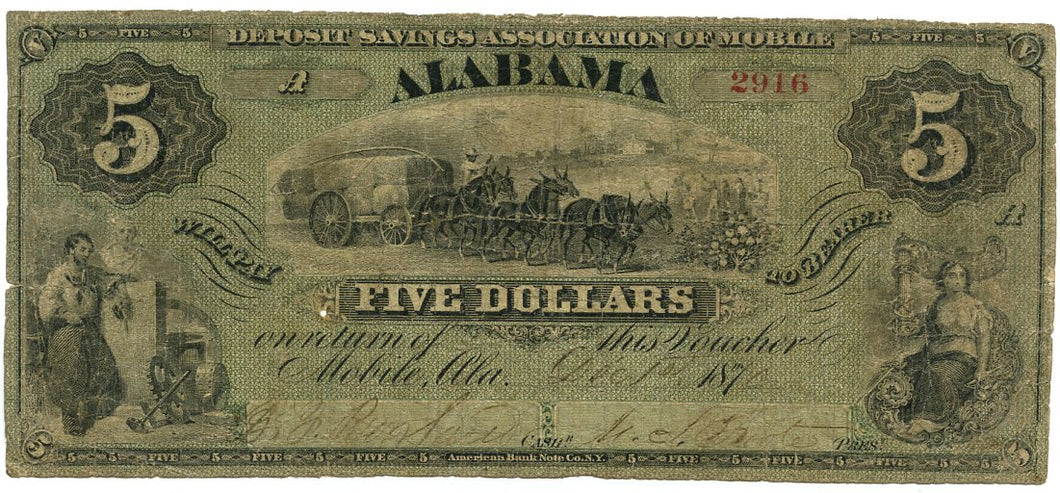 Alabama-Mobile, Deposit Savings Association of Mobile $5, October 1, 1870