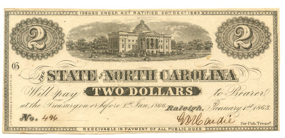 North Carolina-Raleigh, The State of North Carolina $2, January 1, 1863