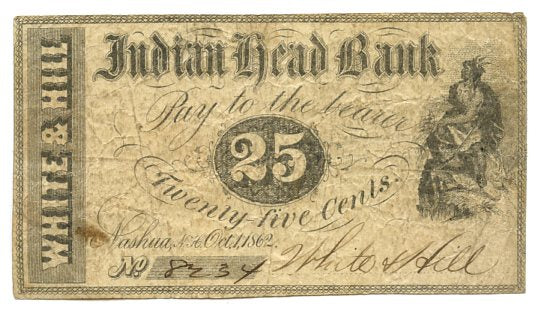 New Hampshire-Nashua, Indian Head Bank White & Hill 25 Cents, October 1, 1862