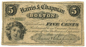 Massachusetts-Boston, Harris & Chapman 5 Cents, December 1, 1862