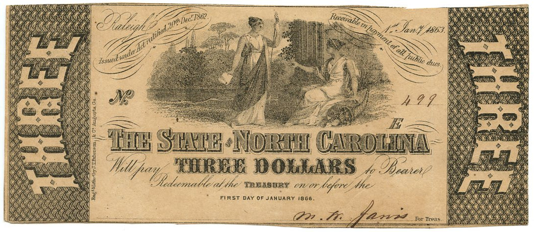 North Carolina-Raleigh, The State of North Carolina $3, January 1, 1863