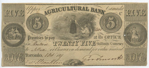Canada-Toronto, The Agricultural Bank $5, October 1, 1837