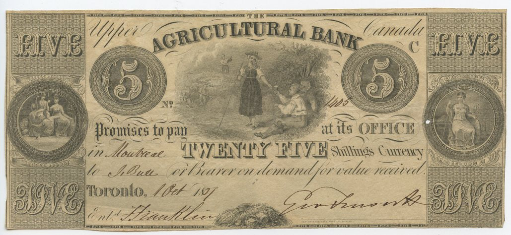 Canada-Toronto, The Agricultural Bank $5, October 1, 1837
