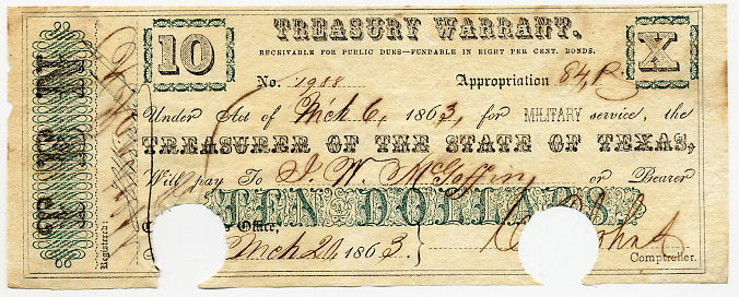 Texas-Austin, Treasury Warrant $10, March 20, 1863