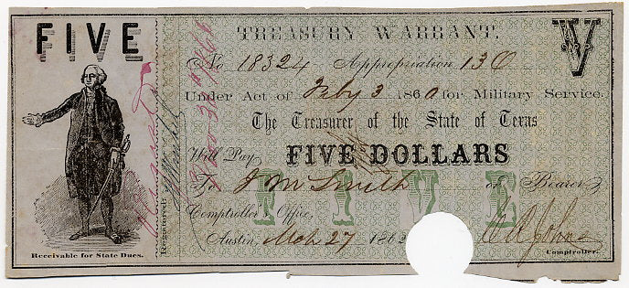 Texas-Austin, Treasury Warrant $5, February 3, 1860
