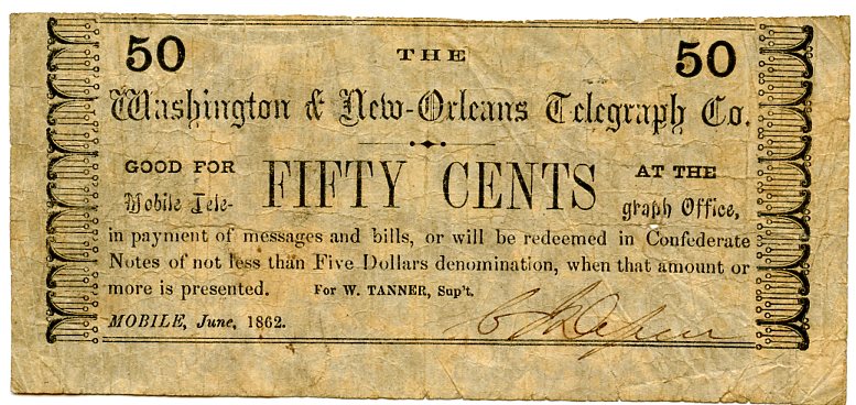 Alabama-Mobile, Washington & New Orleans Telegraph Co. 50 Cents, June, 1862