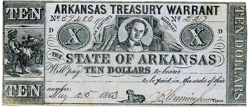 Arkansas, The State of Arkansas Treasury Warrant $10, May 25, 1863