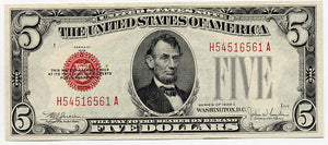 United States Note $5 U.S., 1928E Red Seal, FR. 1530