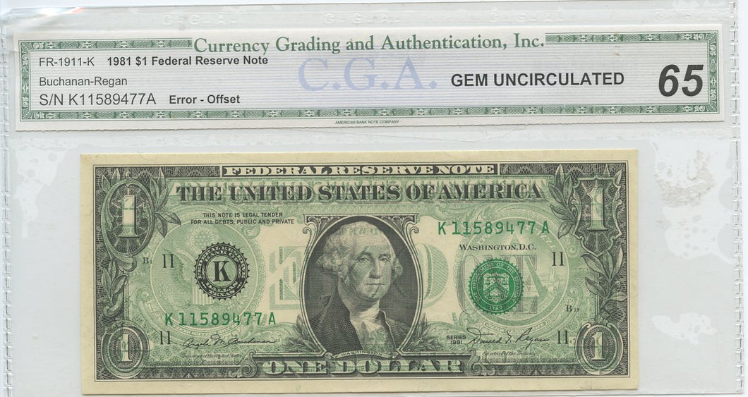U.S. Federal Reserve Note $1, 1981,  Error - Offset