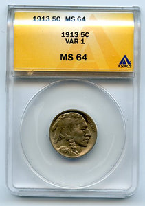 1913 5 Cents, Buffalo Nickel, Variety 1, Anacs MS64